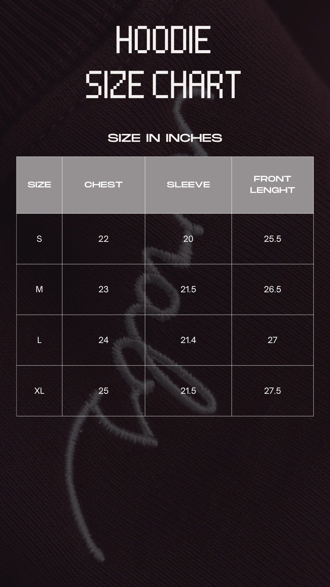 A size chart graphic for a hoodie, showing measurements in inches for sizes S through XL, including chest, sleeve, and front length. The chart is displayed on a dark fabric background with the words 'HOODIE SIZE CHART' at the top.
